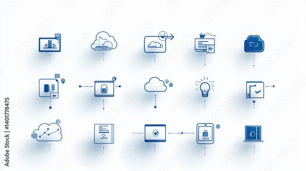Poster a clean simple featuring a collection of 15 minimalist icons representing various data transfer and 
