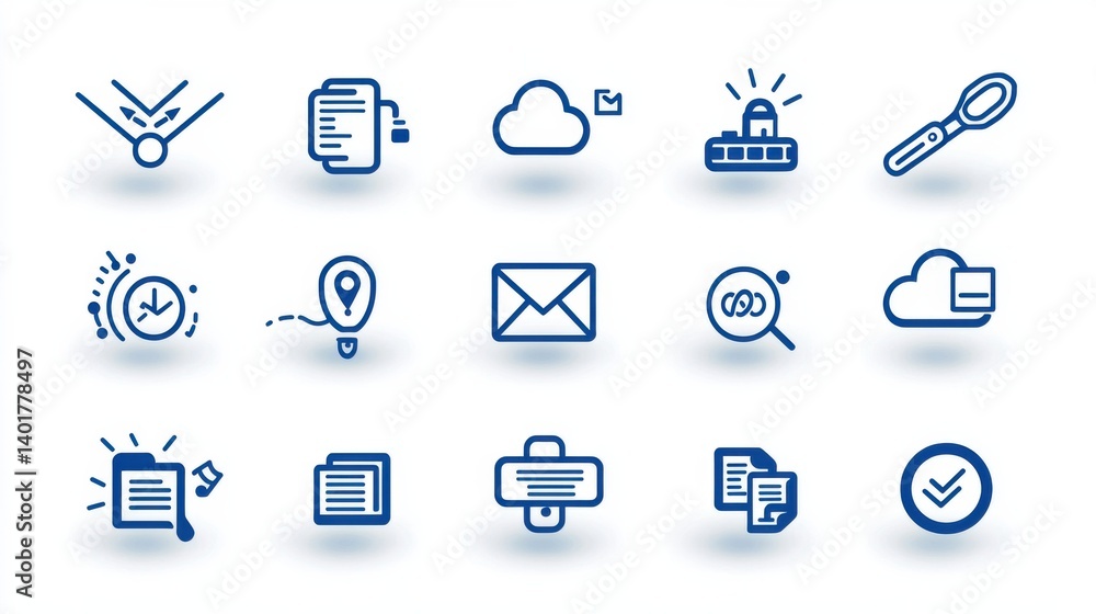 Poster a set of 15 minimalist icons representing various data transfer storage and digital connectivity fun