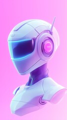 Cute pink 3d robot android with a laptop, a futuristic technology concept