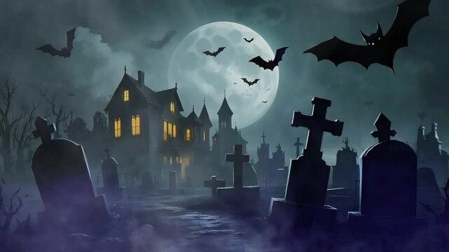halloween background with haunted house  halloween background very scary halloween moon night spooky bats and scary home night wich ghosts scary pumpkins over dark scary 4k video