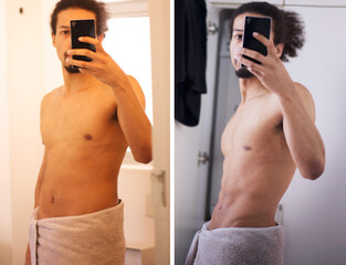 Before and after. selfie and man with weightloss with results, progress and transformation in home....