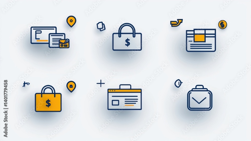 Poster a collection of minimalist icons representing various financial transactions and payment banking inv