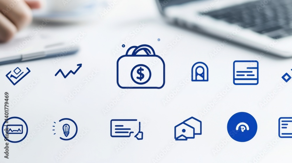 Poster a collection of simple yet informative icons representing various financial services transactions an