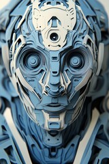 Futuristic blue cyborg head with metal engine equipment