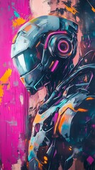 Robot Urban street art graffiti paint on the city wall shows artistic color and design