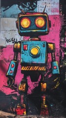 Retro robotic graffiti on an old wall shows a fun, cartoonish android concept