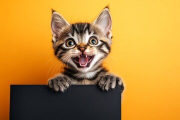 Commercial kitten photo. Promo shot of pet. Isolated baby feline on a solid dress code bright orange background. Ð¡ute cat donskoy hold in front paws a design draft - large dark black drive si.