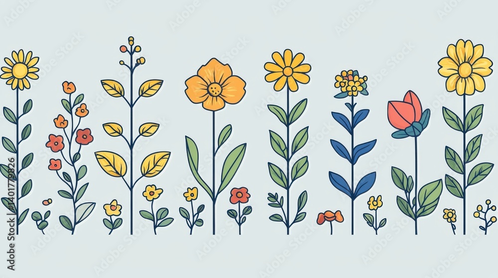 Poster a collection of simple stylized line drawings of various flowers plants and botanical elements in a 