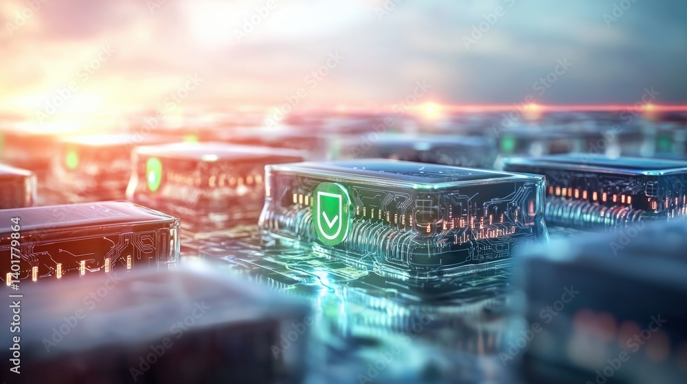 Poster innovative technology action in digital networks circuit boards futuristic environment close-up view