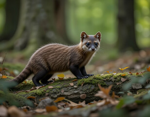 Fototapeta premium Marten Exploring Woodland Floor with Mossy Log and Fallen Leaves