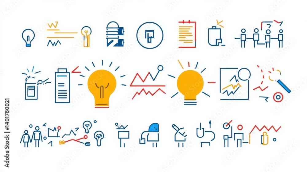Poster a set of minimalist stylized icons representing various aspects of leadership teamwork and collabora