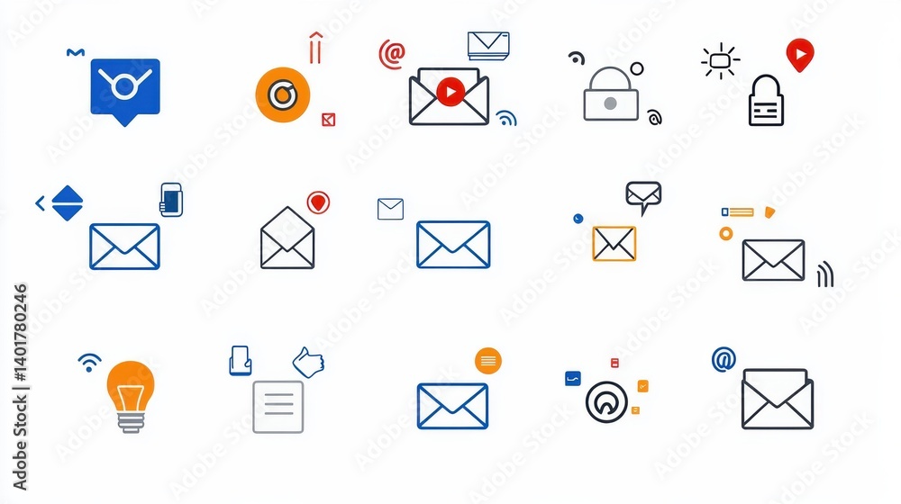 Poster a collection of minimalist flat icons representing various email and communication functions such as