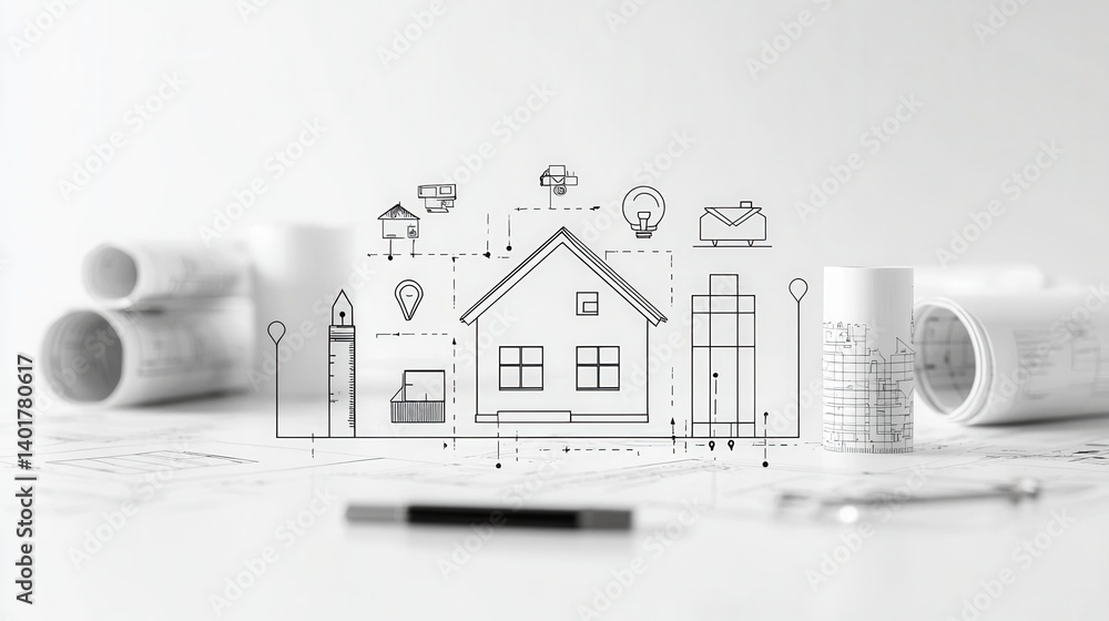 Poster minimalist blueprint style showcasing a collection of outline icons representing various real estate