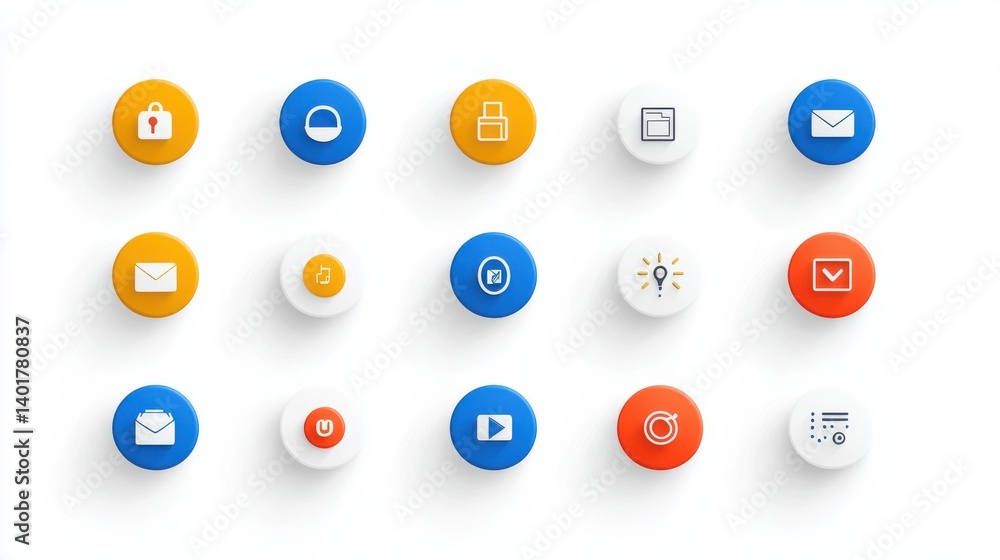 Poster a set of clean minimalist icons representing common web and digital interface functions like messagi