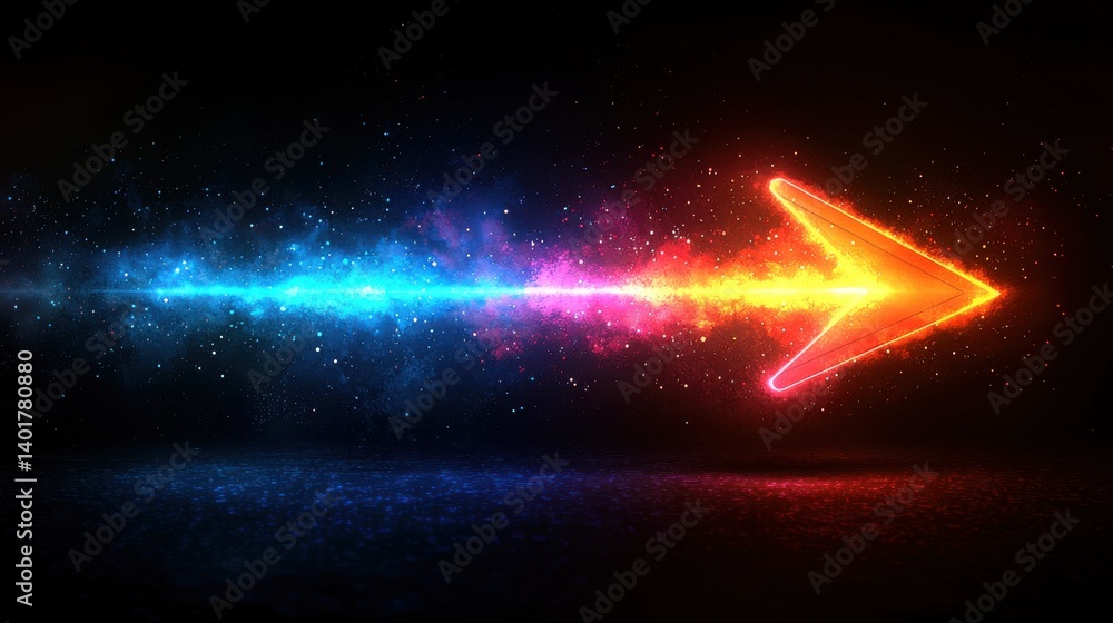 Poster a vibrant neon colored arrow soaring upwards with a trail of dynamic glowing energy creating a futur