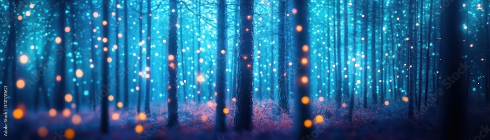 Aufkleber enchanting forest illuminated by glowing lights in trees creating a magical atmosphere of wonder and
