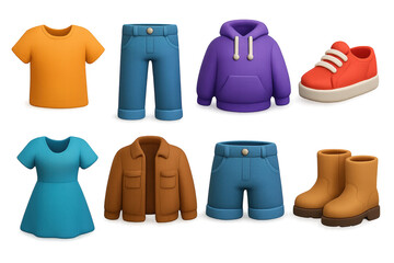 Vibrant 3d clothing icons set: casual and stylish wardrobe essentials