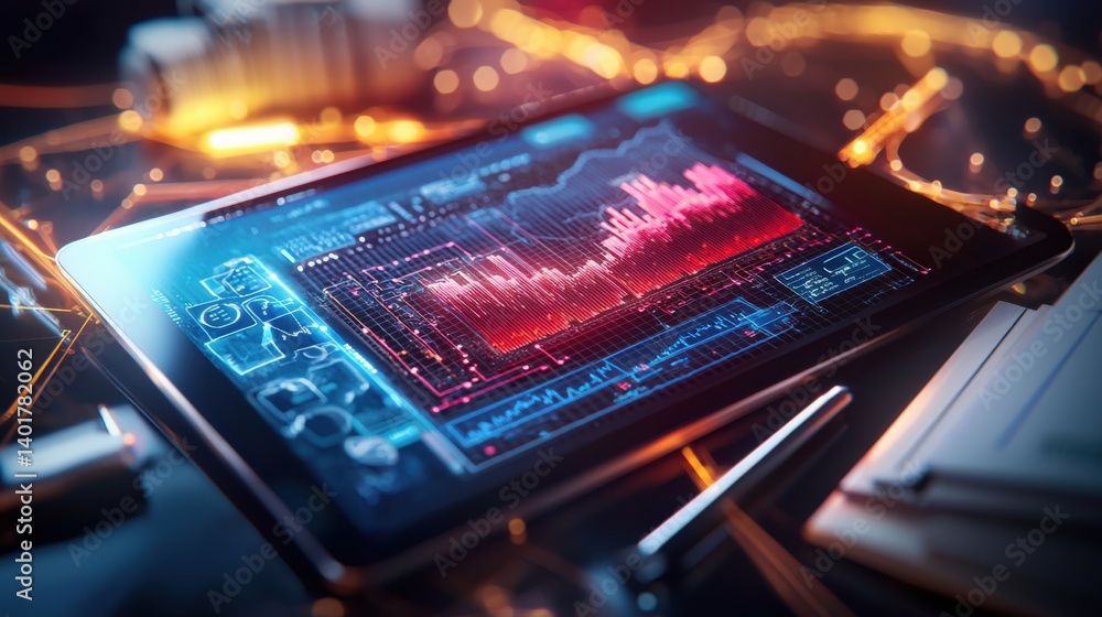 Poster data analysis visualization digital workspace infographic high-tech environment close-up perspective