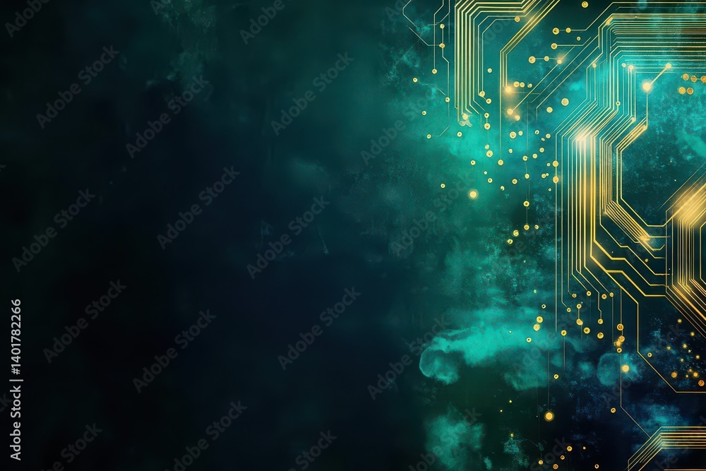 Aufkleber intricate circuit board design illuminated by glowing gold and green lights creating a futuristic an