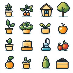 This image features a diverse collection of icons representing various aspects of gardening nature and sustainable living including plants flowers fruits vegetables trees and eco friendly elements