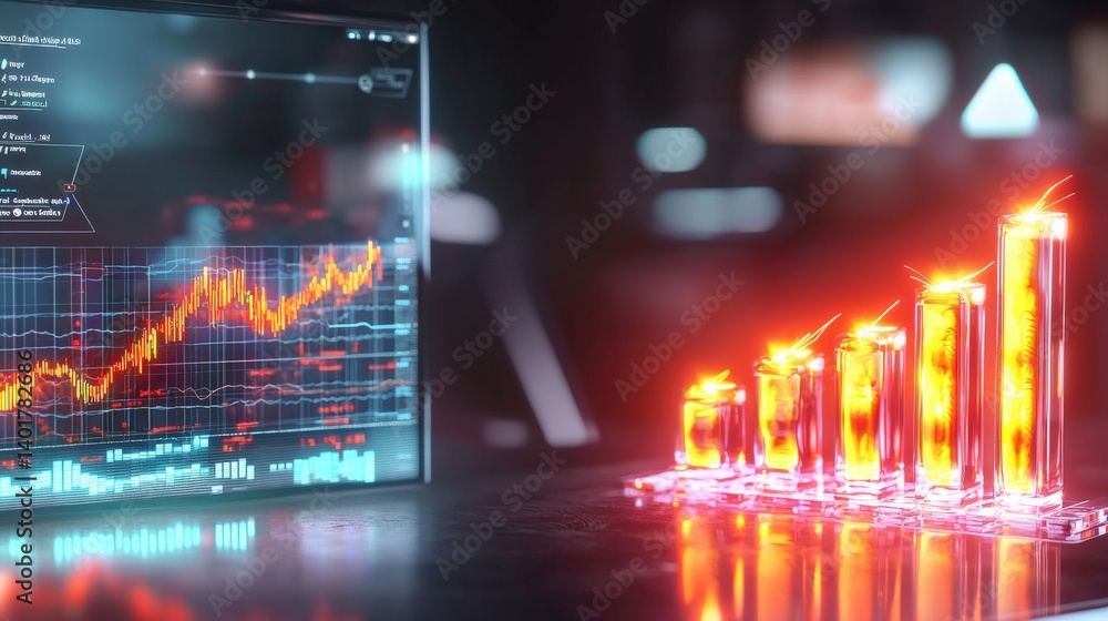Poster analyzing financial growth trends modern office data visualization digital environment close-up view