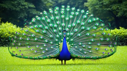 Obraz premium Magnificent Peacock Displaying Vibrant Feathers in Full Splendor Amidst Lush Greenery Capturing the Beauty and Elegance of Nature in Its Glory