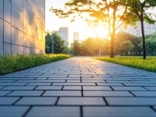 Fototapeta premium Tranquil Walkway Surrounded by Lush Green Grass and Towering Trees Inviting Visitors to Explore the Natural Beauty of a Peaceful Park Setting