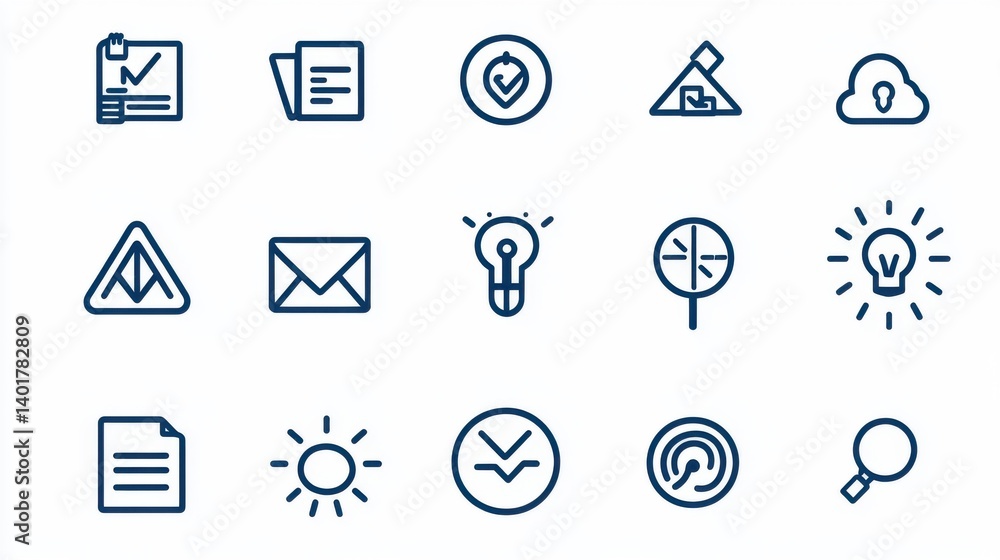 Poster a set of 15 minimalist icons representing various professional and corporate values including docume