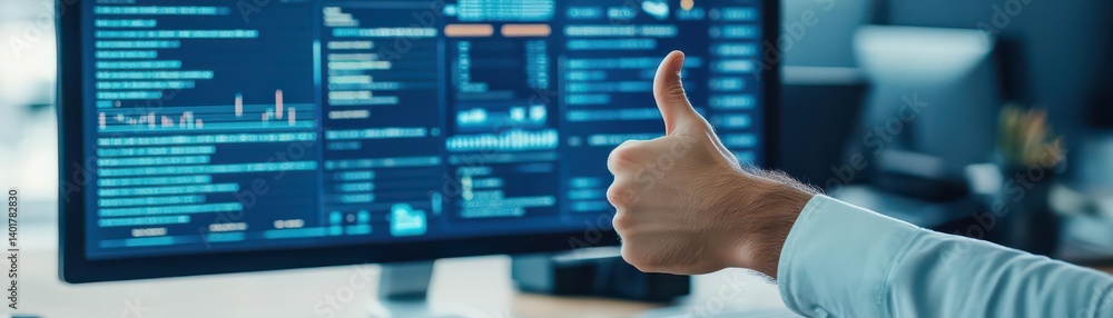 Poster focused man engaged with computer screen pointing at data visualizations in a modern office setting 