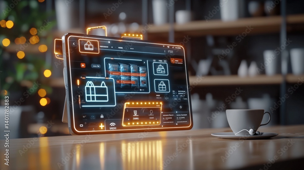 Poster exploring a cozy digital shopping interface futuristic retail space interactive technology display i