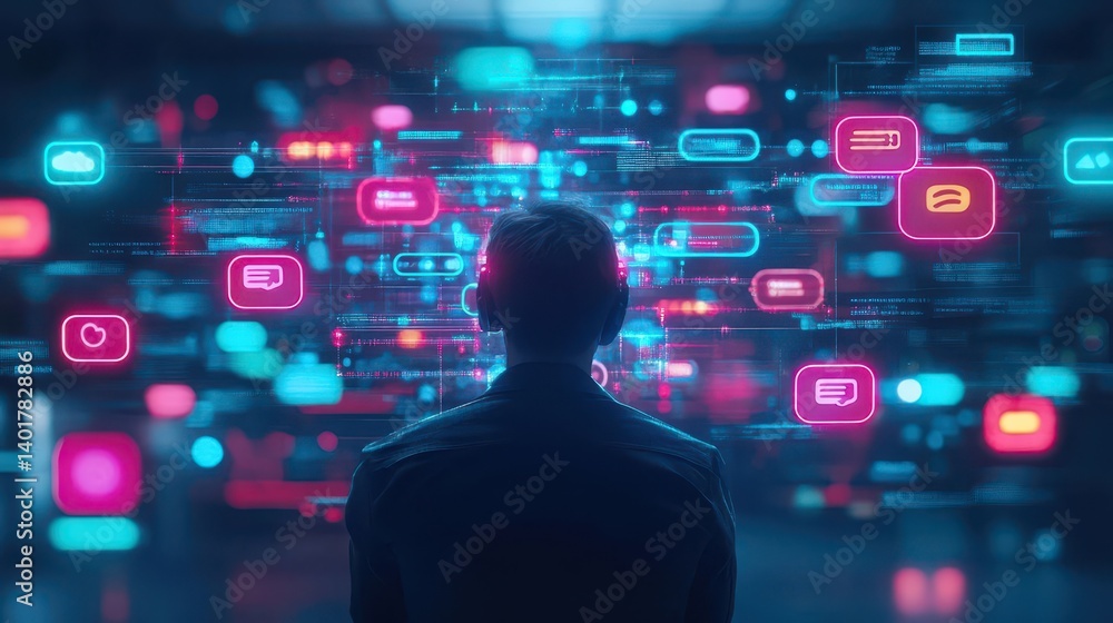 Poster A focused man engaging with an advanced digital interface displaying vibrant data visualizations in a modern technology-driven workspace environment