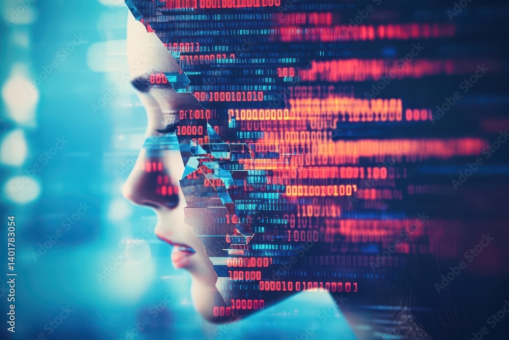 Poster intriguing portrait of a woman's face merged with binary code creating a futuristic and thought-prov