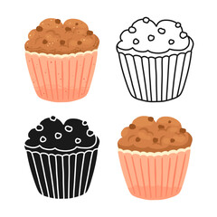 Muffin with Chocolate isolated textured cartoon vector illustration. Pastry cupcake desserts hand drawn flat outline silhouette styles set. Tasty sweet baked food for bakery branding, menu recipe book
