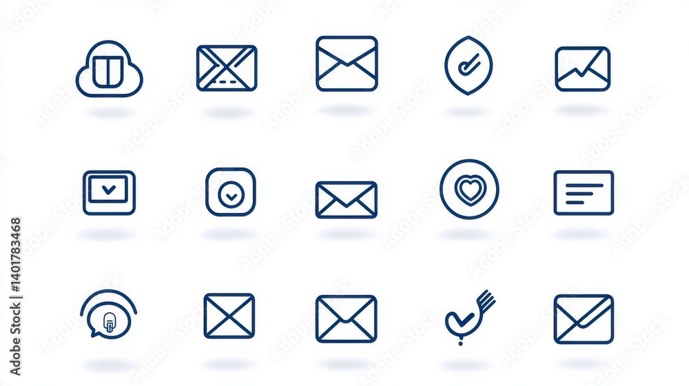Poster a set of clean minimalist outline icons representing various email messaging and communication funct