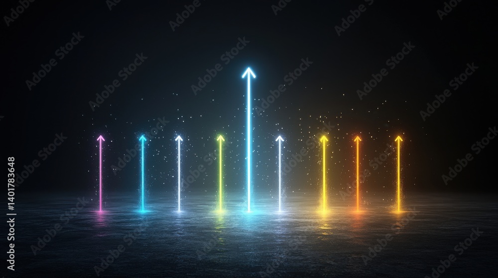 Poster an abstract futuristic image featuring a vibrant array of colorful light arrows pointing skyward rad
