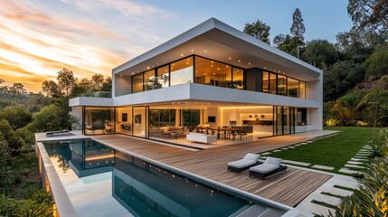 Obraz premium Modern Minimalist House with Pool and Scenic Sunset View