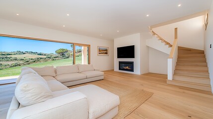 Bright And Airy Living Room With Large Windows Overlooking Scenic Landscape