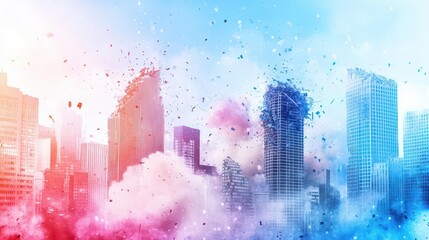 Majestic City Skyline at Dusk with Cloudy Skies and Vibrant Illumination from Towering Buildings Creating a Captivating Urban Landscape Scene