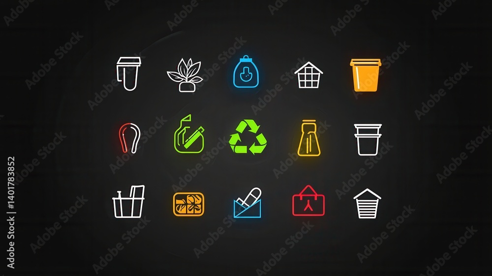 Poster a collection of minimalist outline style icons representing various aspects of recycling environment