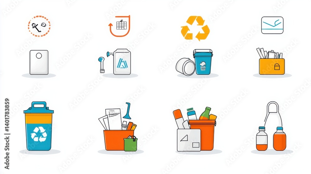Poster this image depicts a collection of outline icons representing various aspects of recycling environme