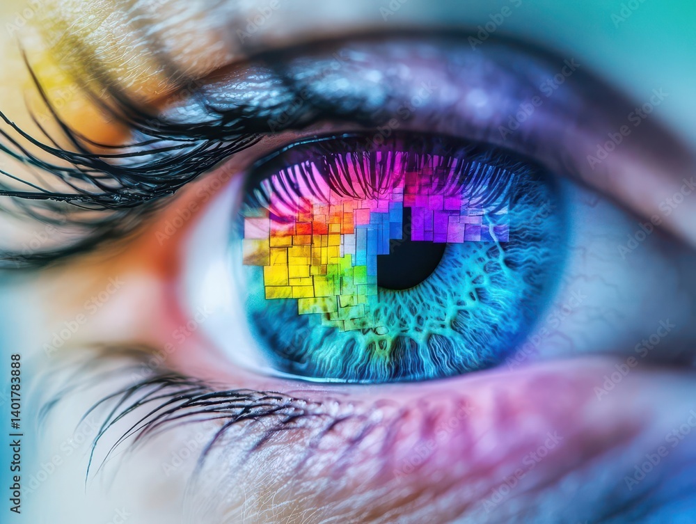Poster intriguing close up of a human eye featuring a colorful puzzle design in the pupil symbolizing compl