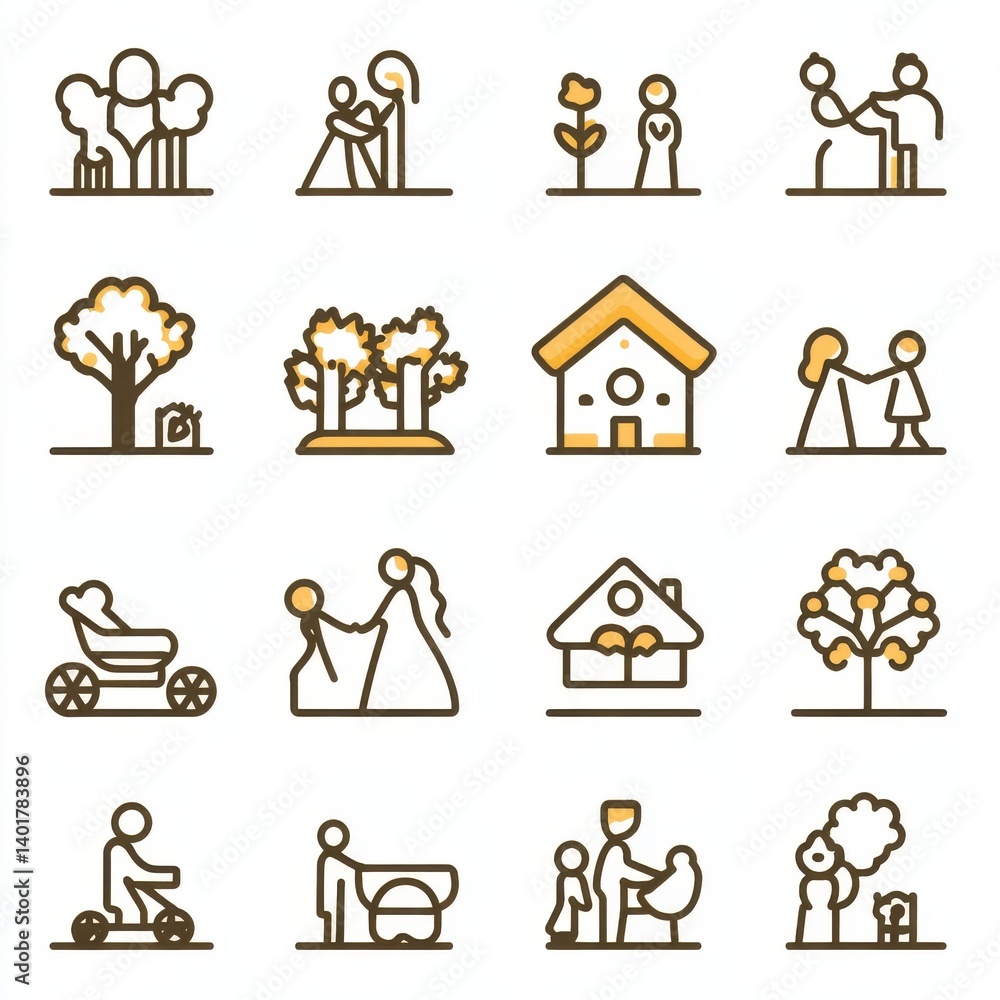 Poster a set of simple minimalist icons representing various aspects of family relationships and social con