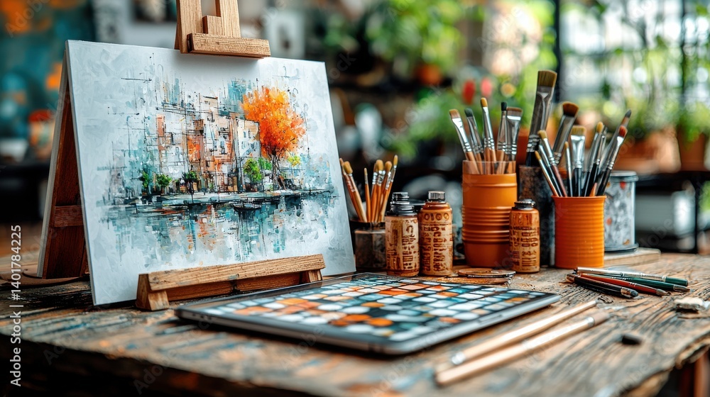 Poster an workspace featuring a canvas brushes paints and other creative tools showcasing the tools and mat