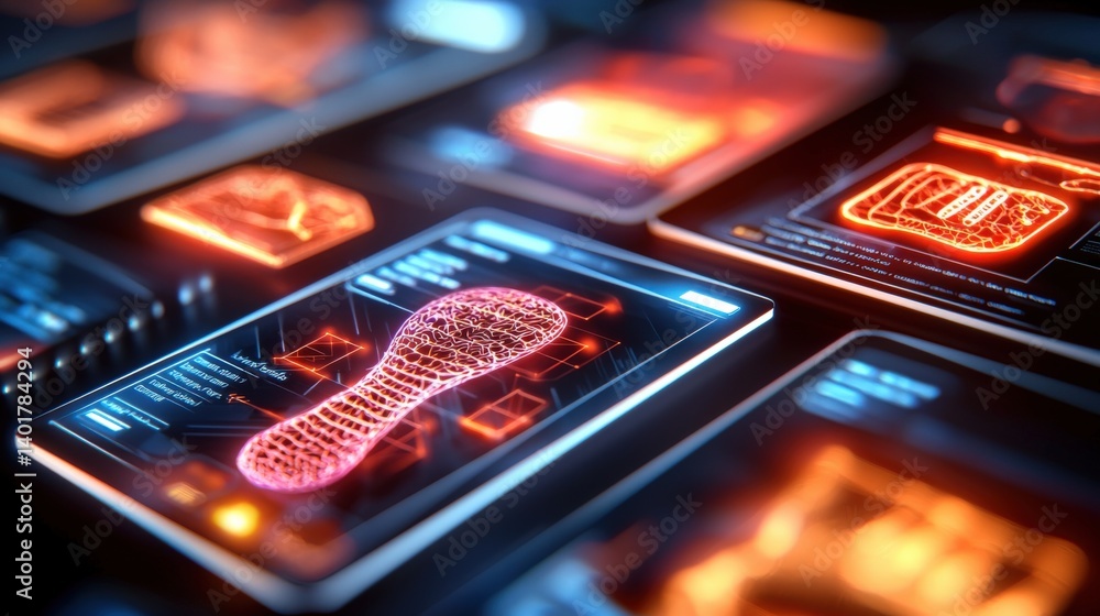 Aufkleber digital footwear analysis virtual lab infographic display tech environment close-up view innovative 