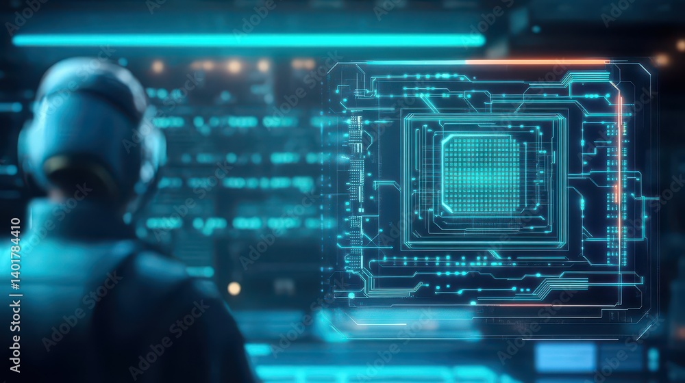 Poster futuristic man in advanced suit analyzing computer chip with high tech background evoking innovation