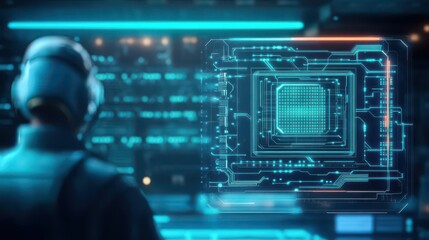 Fototapeta premium Futuristic Man in Advanced Suit Analyzing Computer Chip with High Tech Background Evoking Innovation and Progress in Modern Digital Era