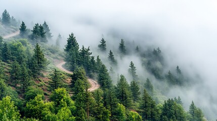 Winding path through misty mountain forest