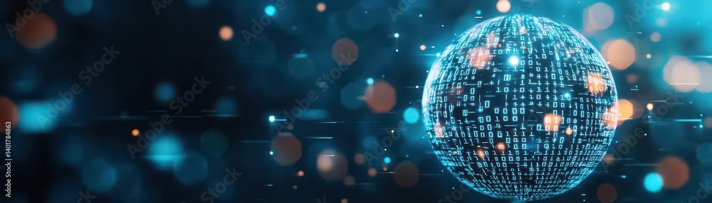 Poster floating sphere of binary symbols in a digital atmosphere representing technology and innovation wit