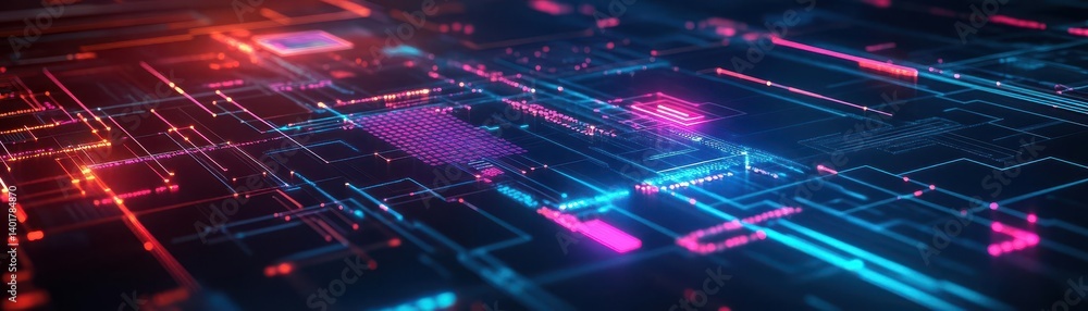 Poster vibrant computer circuit board with intricate neon lights illuminating a high-tech digital environme