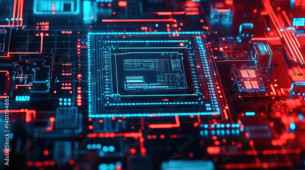 Poster intricate circuit board design showcasing complex pathways and connections in a high-tech environmen